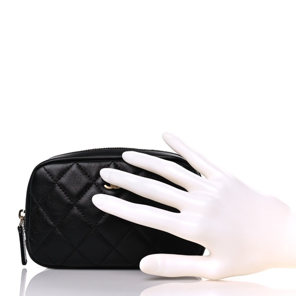 CHANEL  Lambskin Quilted Small Curvy Pouch Cosmetic Case Black - Picture 9 of 10
